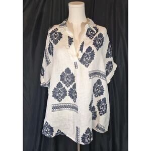 New Milio Milano Womens Designer Blue White 100% Linen Tunic Top Small